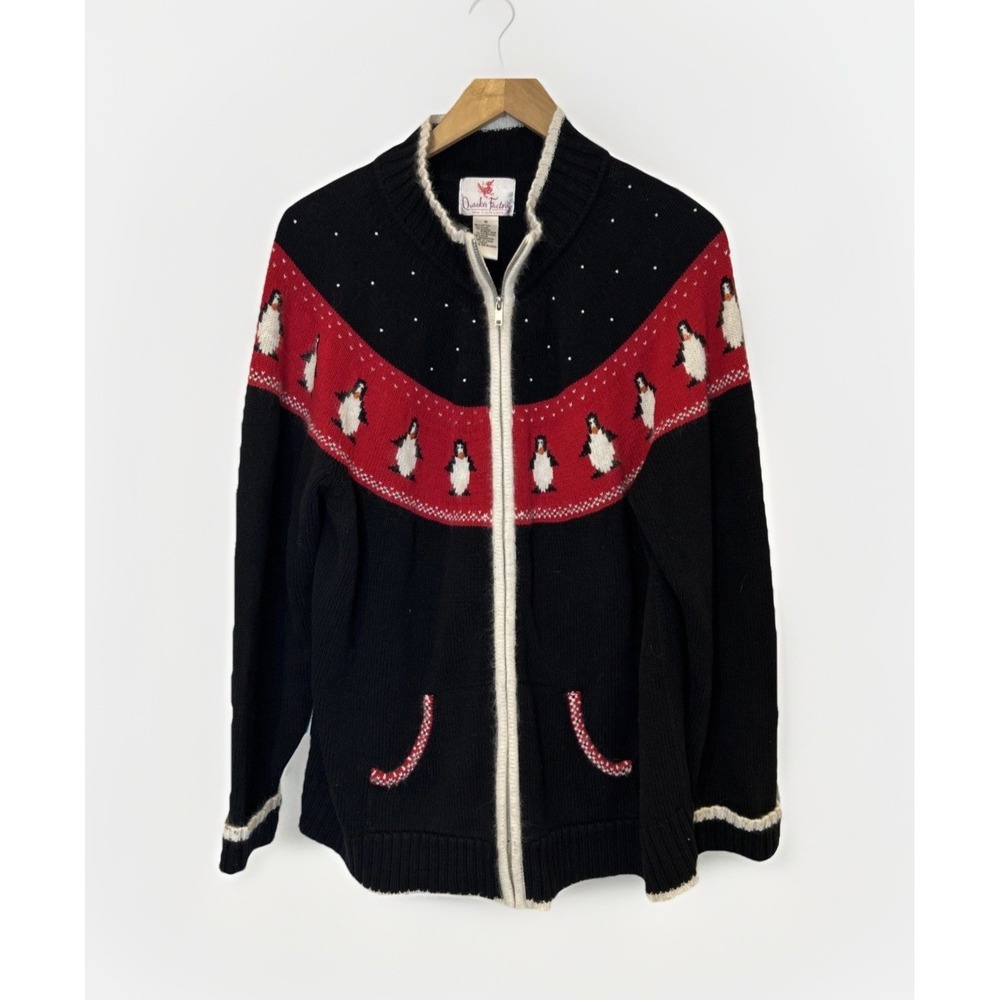 Quacker Factory Black Cardigan with Red Penguin Design